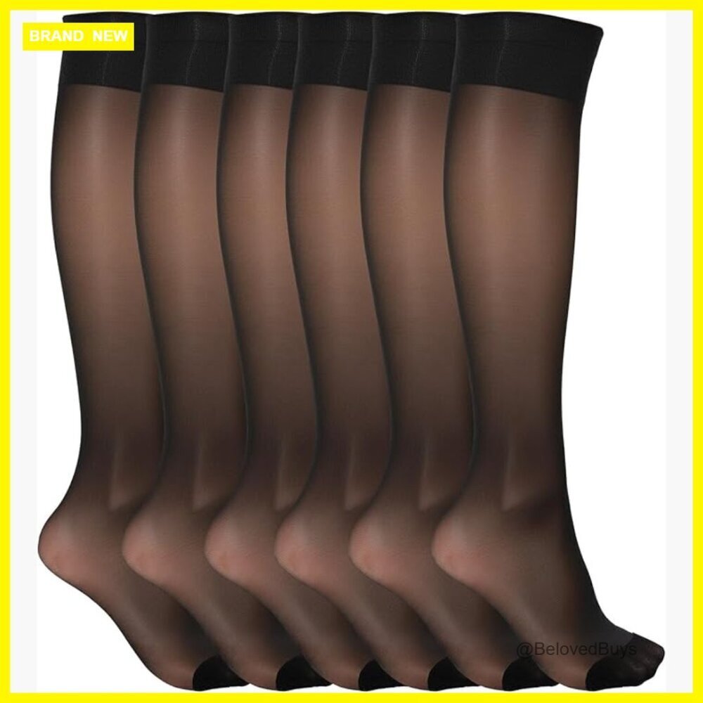 Sheer Knee High Stockings, 6 Pack, Nylon Spandex Blend, Reinforced Toe